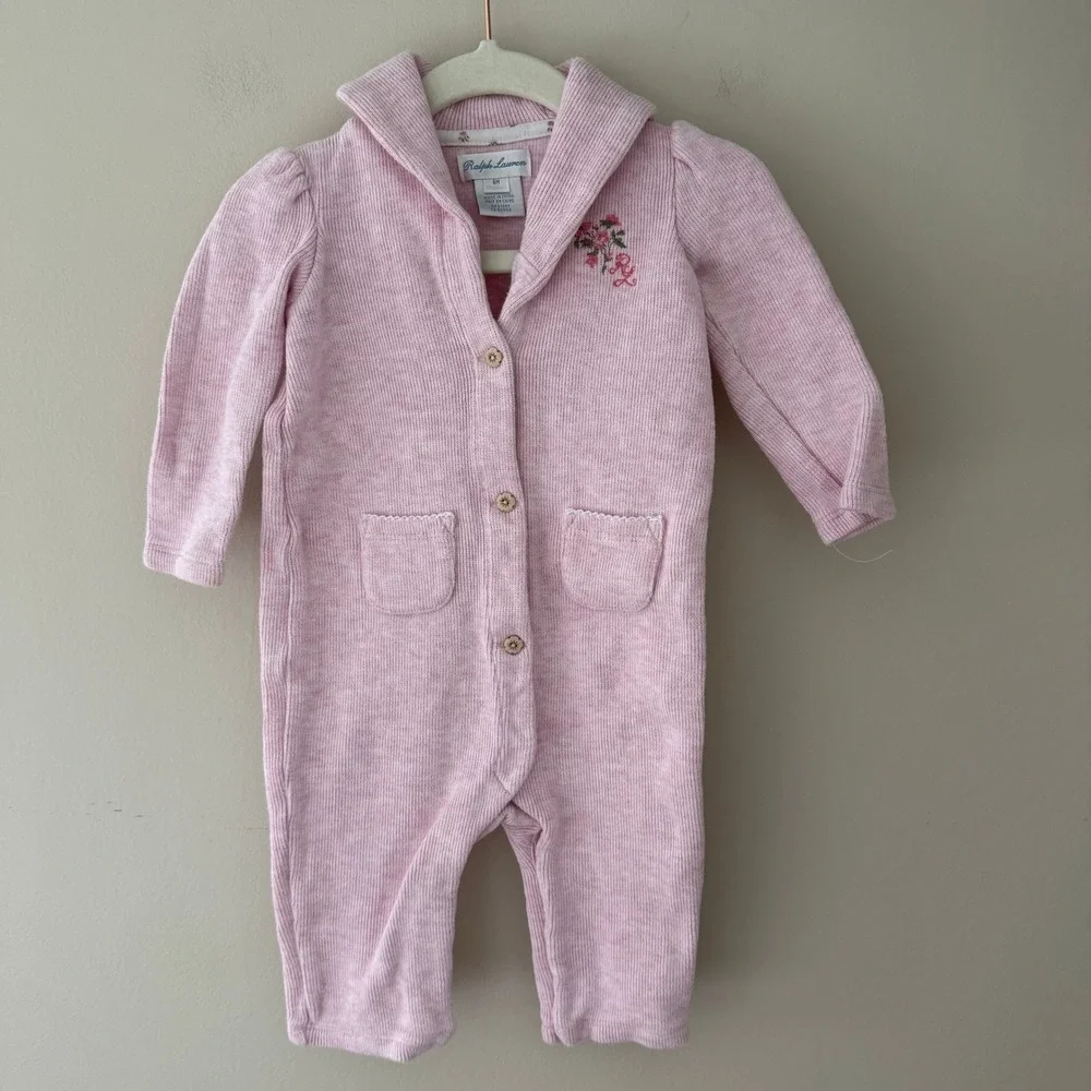 Ralph Lauren Baby Girl Pink Ribbed Knit Romper Floral Monogram Shawl Collar 6M